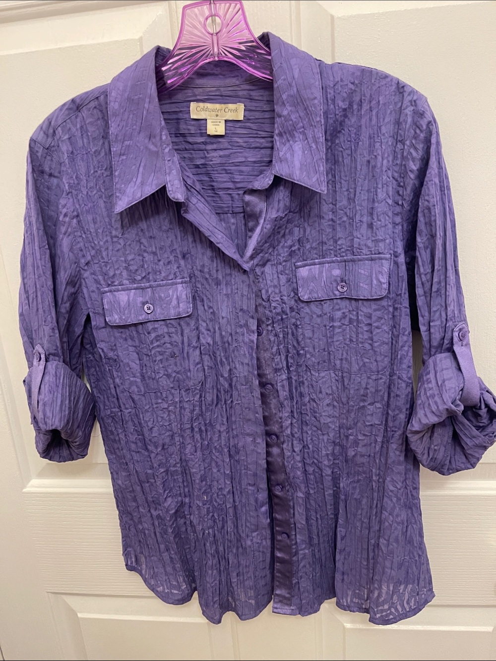 Coldwater Creek Purple Crinkle Button-Front Blouse